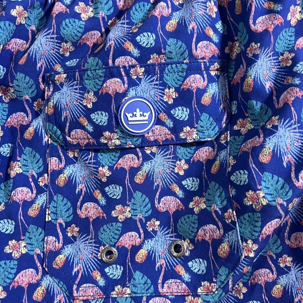 Peter Millar Tropical Flock Swim Trunks Mens‎ 2XL Blue Flamingo Stretch Pouch